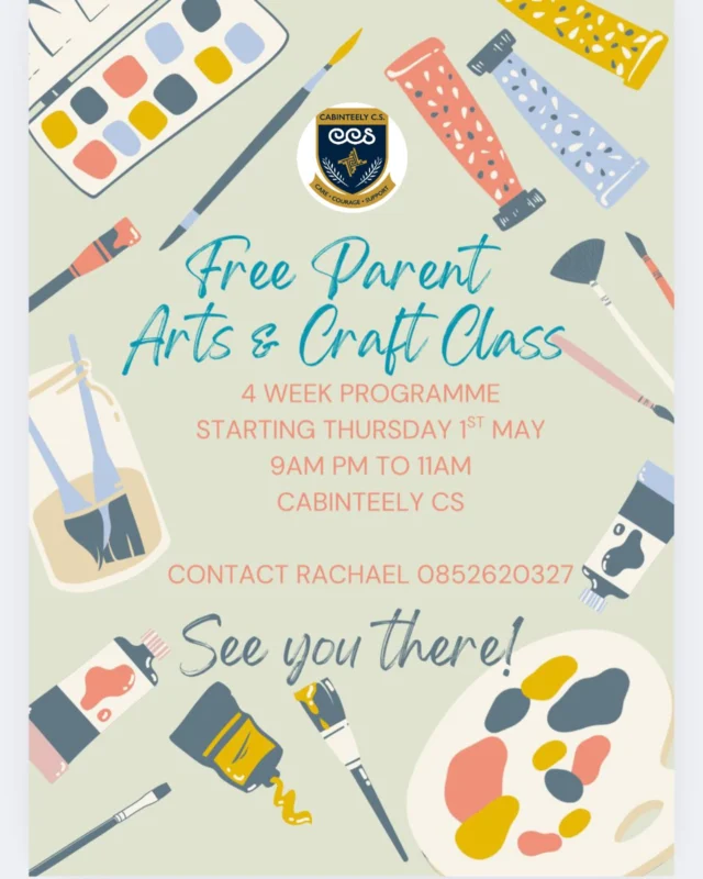 Free Parent Arts & Craft Class 🎨😍
4 WEEK PROGRAMME
STARTING THURSDAY 1ST MAY
9AM TO 11AM
CONTACT RACHAEL 0852620327
See you there! 💙 #Care #Courage #Support